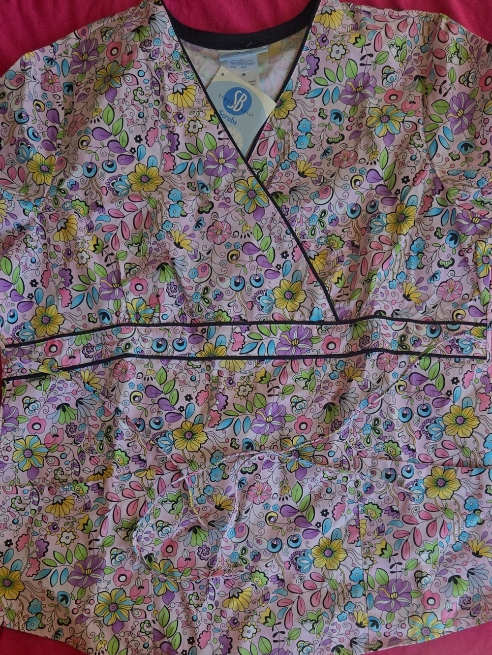 Floral V-Neck Scrub Top with Piping